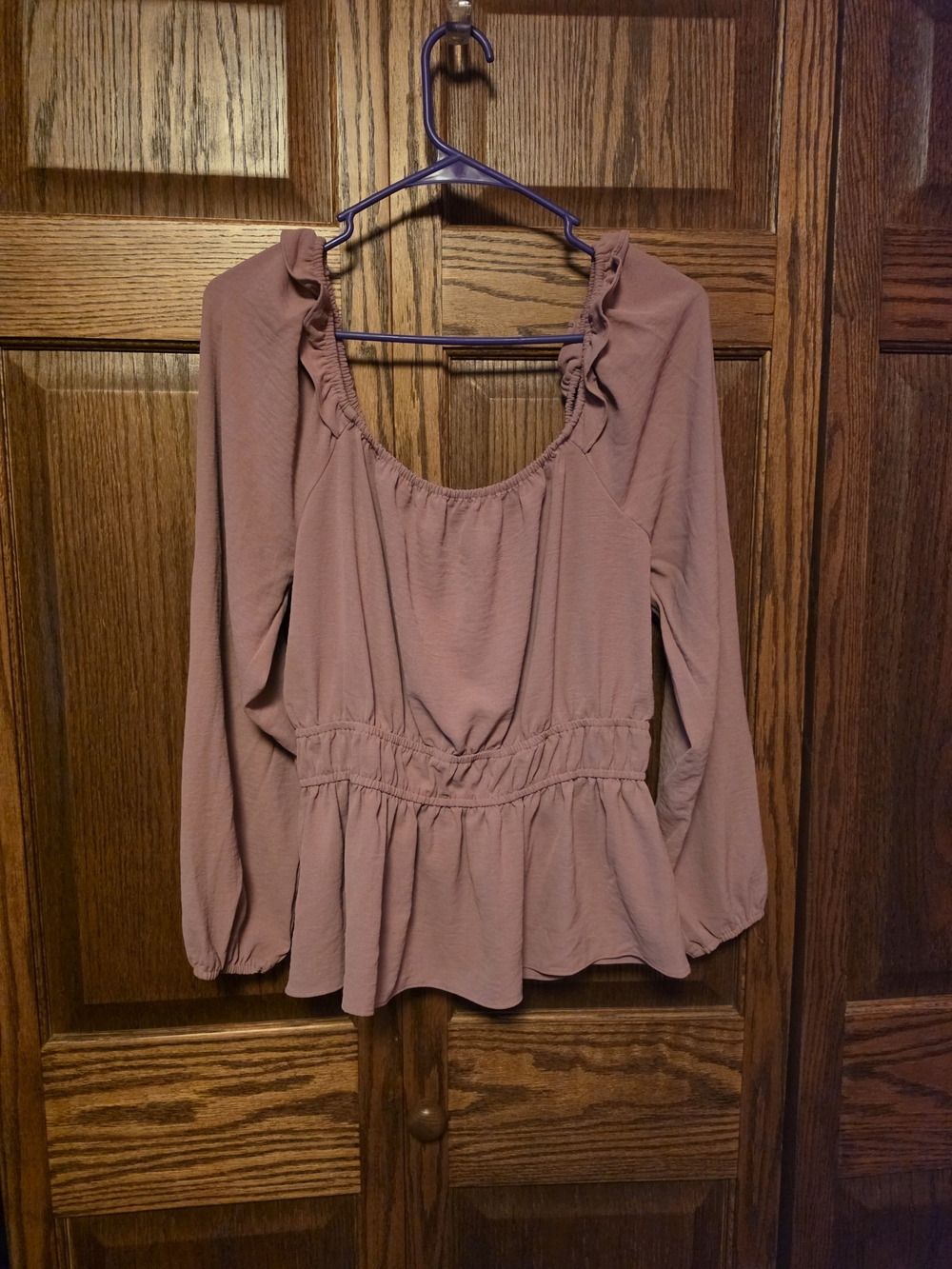 Nine West Mauve Long-Sleeve Ruffle Peplum Top